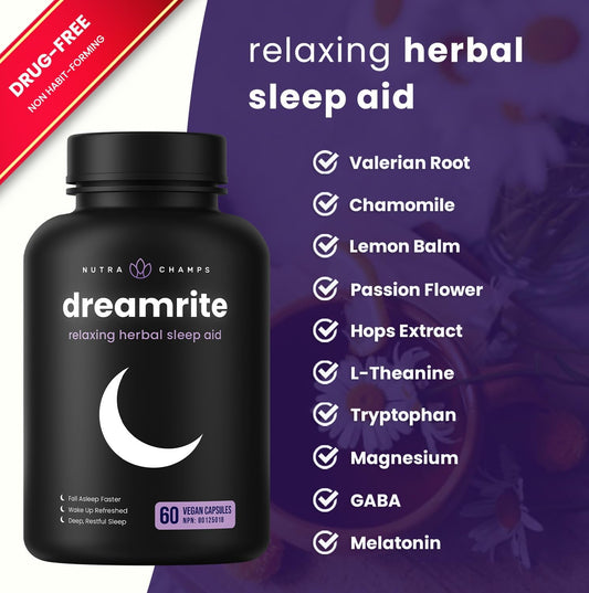 Dreamrite relaxing herbal sleep aid bottle with ingredients listed on a purple background