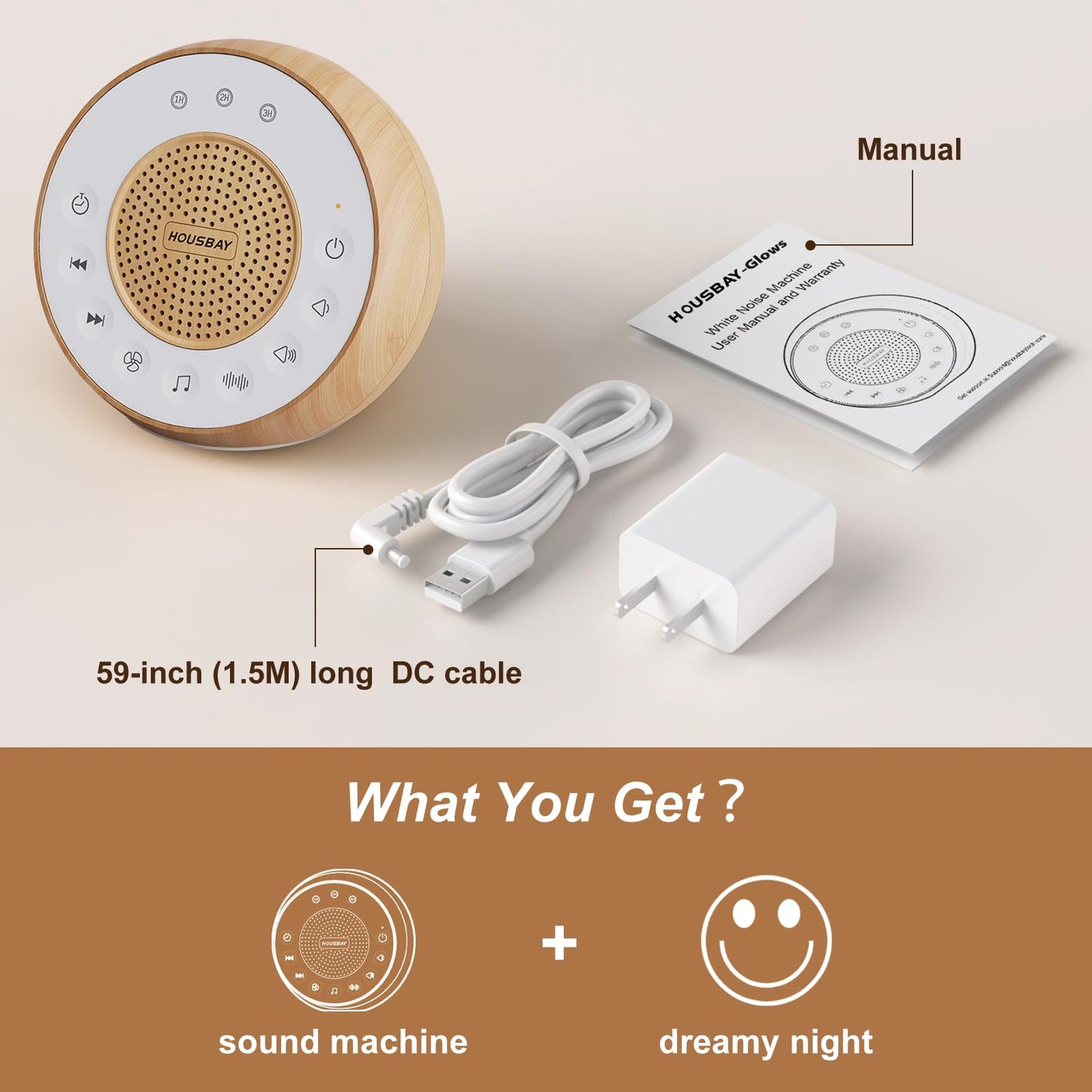 Housbay White Noise Machine with 31 Soothing Sounds, 5W Loud Stereo Sound, Auto-Off Timer, Adjustable Volume, Sleep Sound Machine for Baby, Kid, Adult -Wood Grain