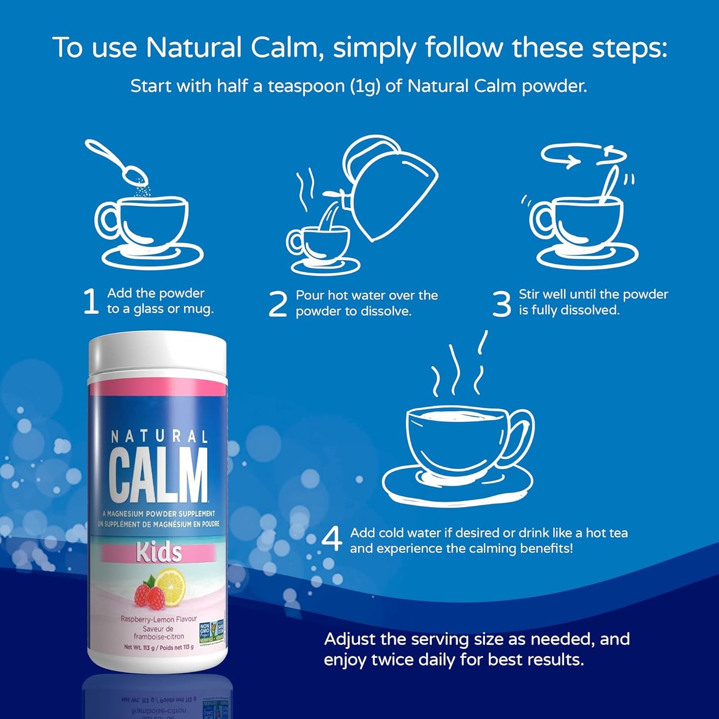 Natural Calm Kids Magnesium – Raspberry Lemon (113 g) No Sugar • No Preservatives • No Artificial Sweeteners • Organic Flavour