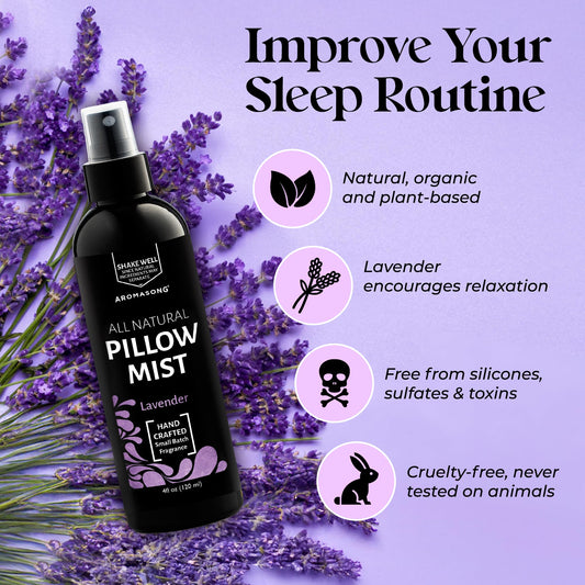 Aromasong Lavender Pillow Spray - All Natural Calming Linen & Bedtime Mist for Deep Sleep - Aromatherapy Botanical Essential Oils for Sleeping - for Relaxing Stress Fragrance Scent