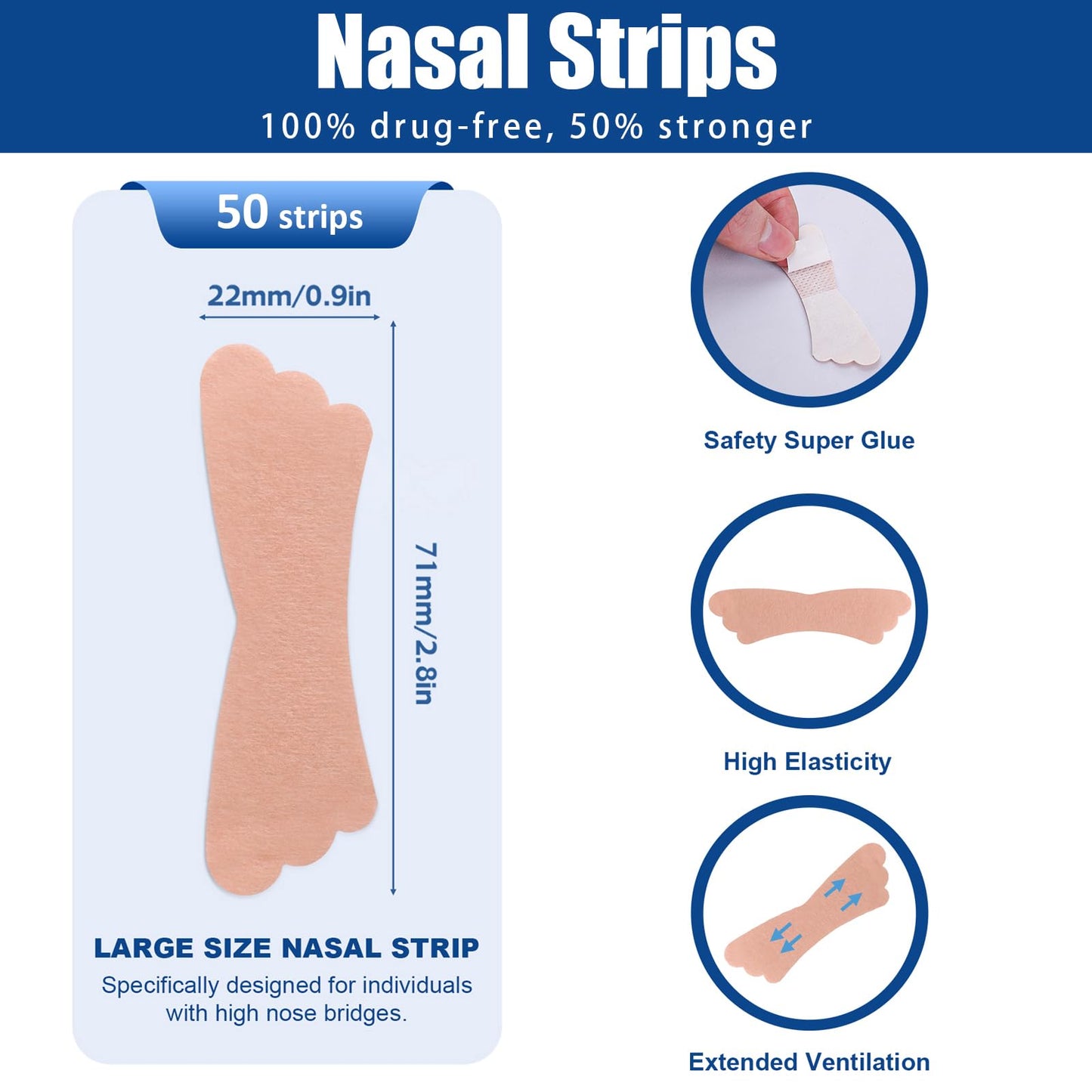 50Pcs Nasal Strips for Snoring, Extra Strength Nose Strips Breathing, Nose Tape for Sports and Sleep, Anti Snoring Strips Help Stop Snoring and Nasal Congestion Relief
