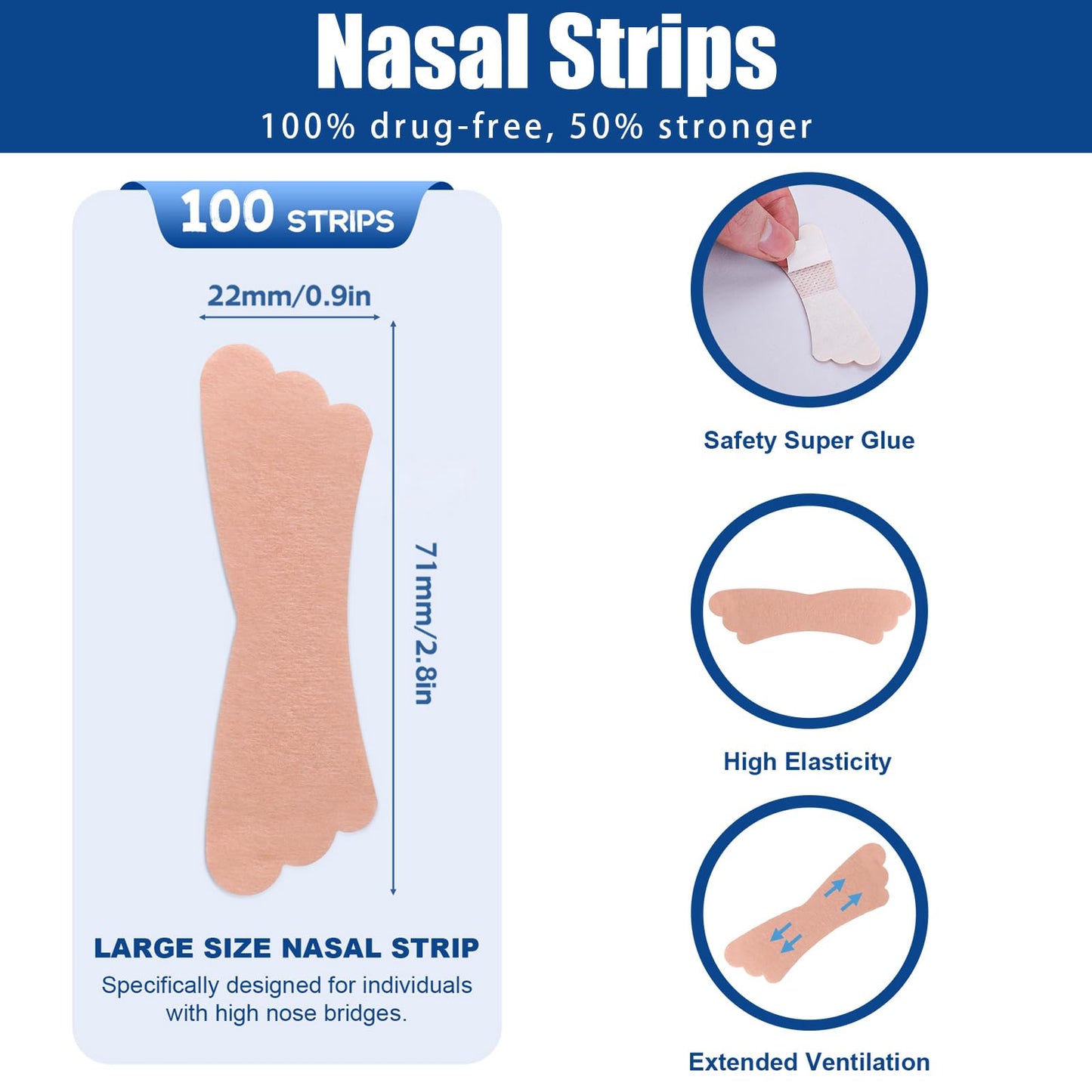 50Pcs Nasal Strips for Snoring, Extra Strength Nose Strips Breathing, Nose Tape for Sports and Sleep, Anti Snoring Strips Help Stop Snoring and Nasal Congestion Relief