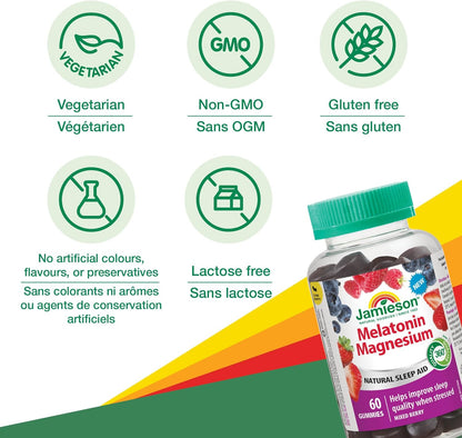 Jamieson Melatonin Magnesium Gummies – Mixed Berry Flavour with Chamomile, Passionflower & Tart Cherry | Vegetarian, Non-GMO, Gluten-Free | 60 Gummies | Canadian Brand