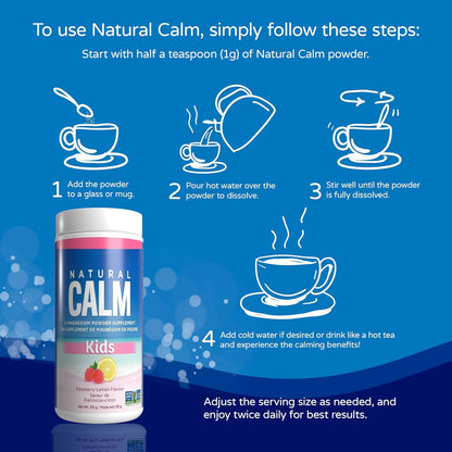 Natural Calm Kids Magnesium – Raspberry Lemon (113 g)  No Sugar • No Preservatives • No Artificial Sweeteners • Organic Flavour