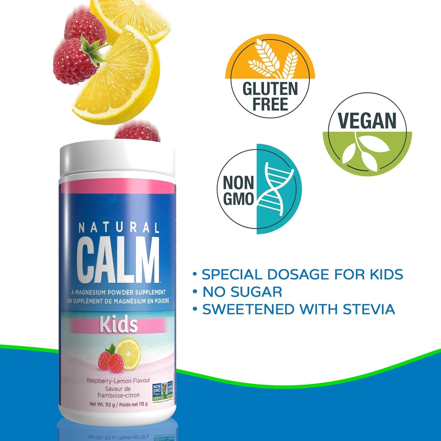 Natural Calm Kids Magnesium – Raspberry Lemon (113 g)  No Sugar • No Preservatives • No Artificial Sweeteners • Organic Flavour
