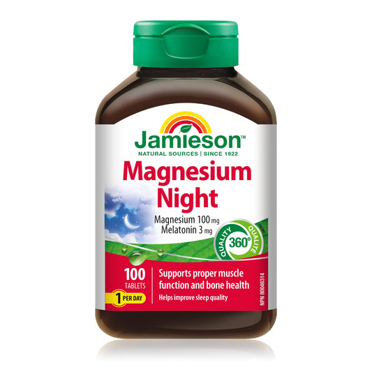 Jamieson Magnesium Night Tablets – 100 mg Magnesium + 3 mg Melatonin (100 Count)  Vegetarian • Non-GMO • Gluten-Free • Proudly Canadian