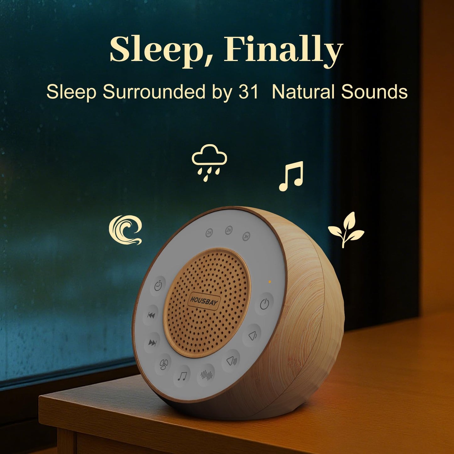 Housbay White Noise Machine with 31 Soothing Sounds, 5W Loud Stereo Sound, Auto-Off Timer, Adjustable Volume, Sleep Sound Machine for Baby, Kid, Adult -Wood Grain