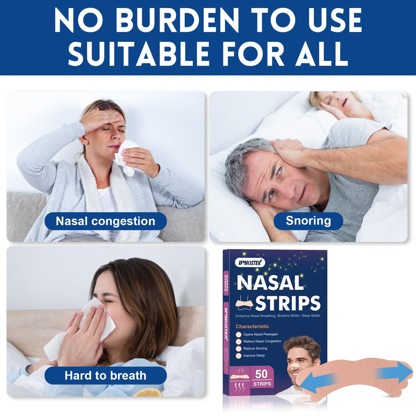 50Pcs Nasal Strips for Snoring, Extra Strength Nose Strips Breathing, Nose Tape for Sports and Sleep, Anti Snoring Strips Help Stop Snoring and Nasal Congestion Relief