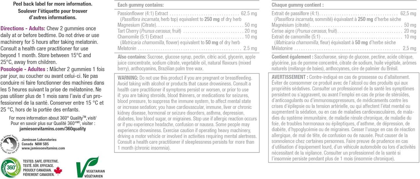 Jamieson Melatonin Magnesium Gummies – Mixed Berry Flavour with Chamomile, Passionflower & Tart Cherry | Vegetarian, Non-GMO, Gluten-Free | 60 Gummies | Canadian Brand