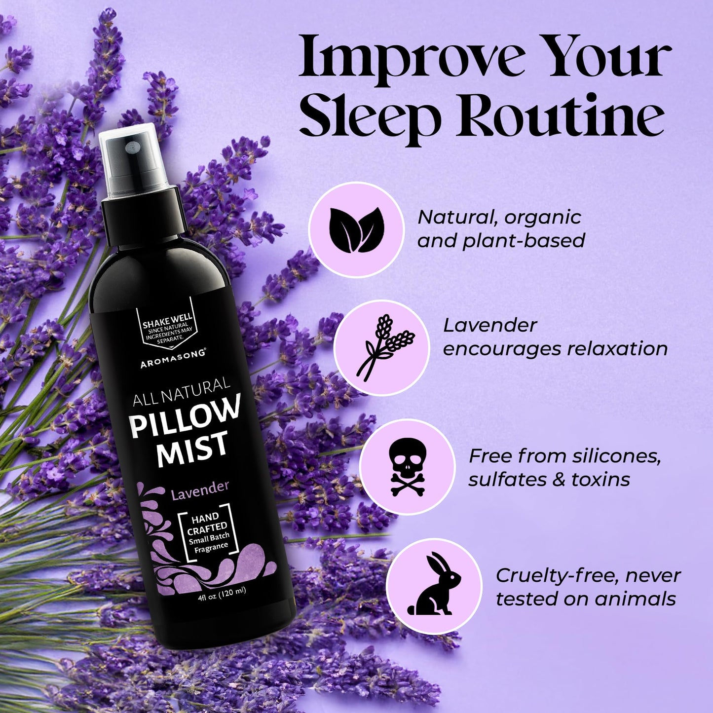 Aromasong Lavender Pillow Spray - All Natural Calming Linen & Bedtime Mist for Deep Sleep - Aromatherapy Botanical Essential Oils for Sleeping - for Relaxing Stress Fragrance Scent