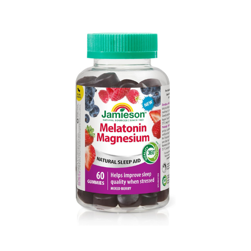 Jamieson Melatonin Magnesium Gummies – Mixed Berry Flavour with Chamomile, Passionflower & Tart Cherry | Vegetarian, Non-GMO, Gluten-Free | 60 Gummies | Canadian Brand
